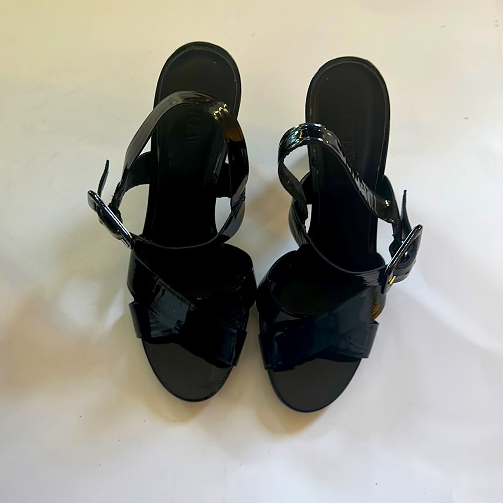 J Crew Black Patent Leather Block Heels Sandals.
